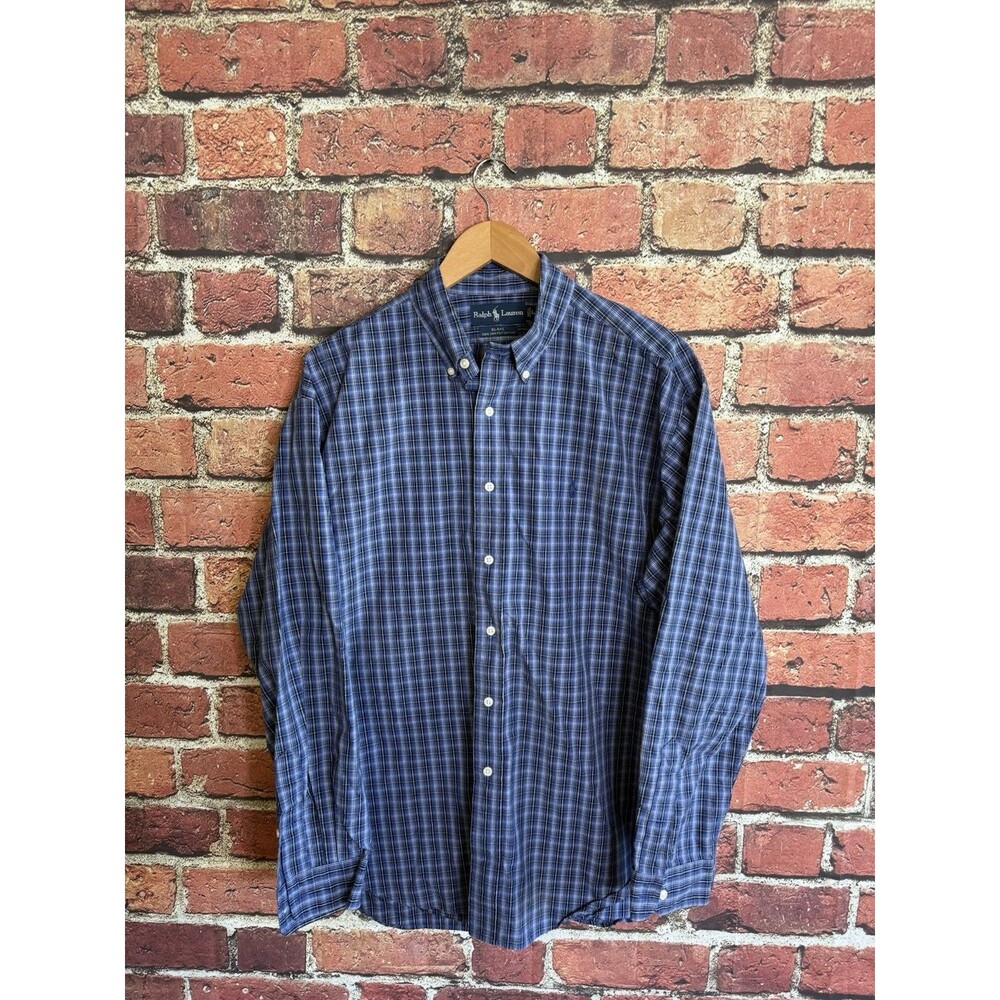 Y2K Ralph Lauren Mens Blue Checkered Long Sleeve Button Up Shirt Size L Blake